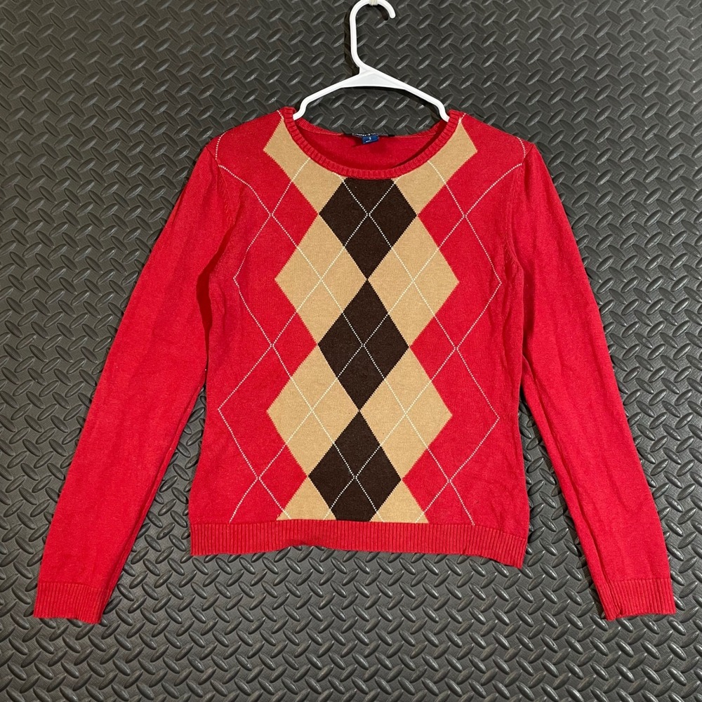 Evan-Picone Women's Argyle Sweater Red Beige Brown Crewneck‎ Long Sleeve Size S